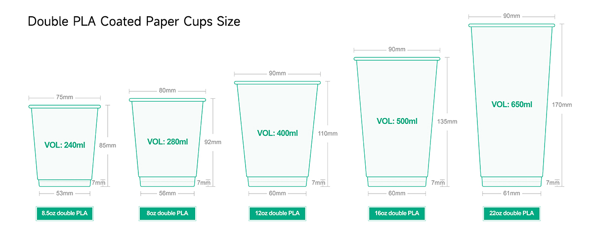 Tamaño de vasos de papel con doble revestimiento de PLA