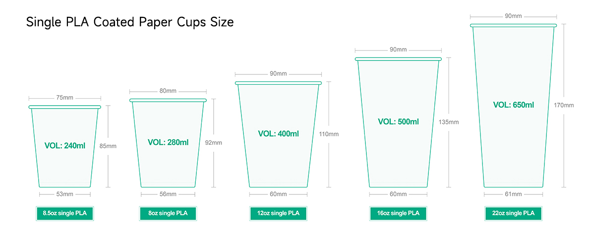 Single PLA Coated Paper Cups Size